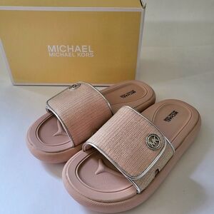 Michael Kors glitter sandals Slides MK logo Girls size 4Y Pink